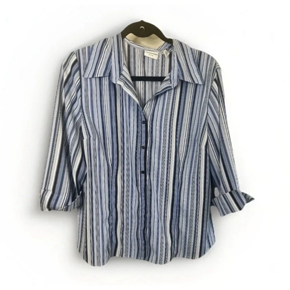 Covington Women's Size XL‎ Button Up Blouse 3/4 Sleeve Blue Striped Collared